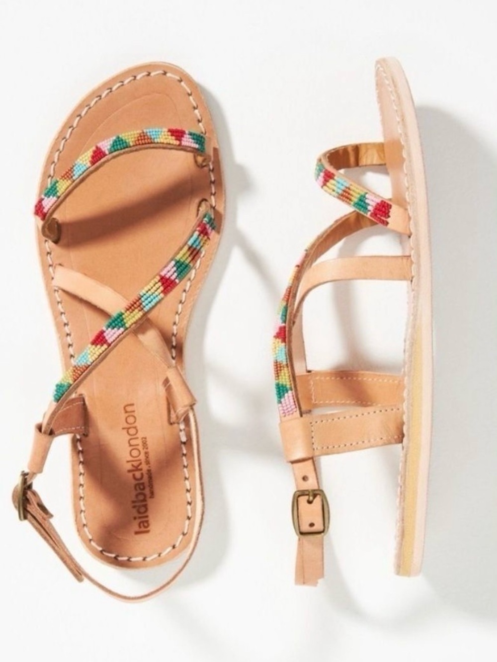 Anthropologie Tan Leather Sandals with Multicolor Beaded Straps